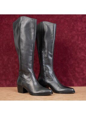 Dolce Vita Women Ona Black Leather Western Pointy Toe Waterproof Knee Boots sz 6